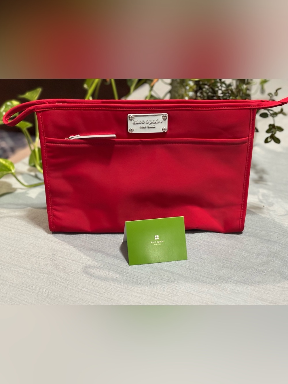 kate spade Red Nylon Cosmetics Bag Makeup with Silver Plaque Polka Dot interior